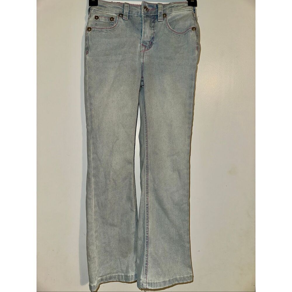 True Religion Jeans Girls 7 Small Blue Pink Stitch Becca Bootcut Fit Stretch hig